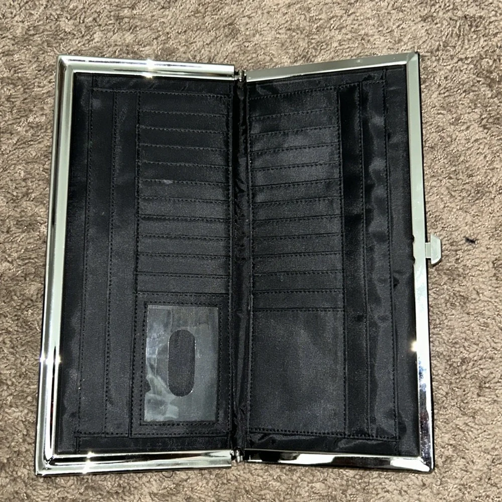 Black Faux Leather Framed Clutch Wallet Silver Hardware Card Organizer